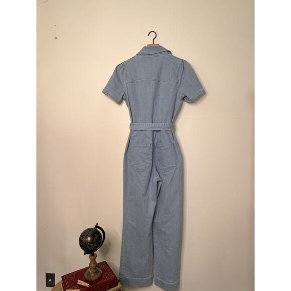 Avec Les Filles Womens Jumpsuit Denim Wide Leg Light Wash Belt Retro 70s Sz 29 - Picture 7 of 15